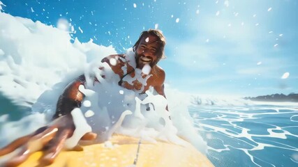 A man is surfing on a yellow surfboard in the ocean. He is smiling and enjoying the ride