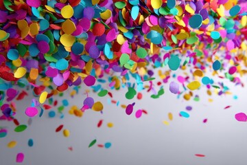 Colorful confetti is falling and scattered across a white surface, celebrating a happy occasion and creating a festive atmosphere