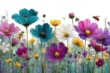 Colorful cosmos flowers bloom in a field on a sunny summer day as a bee flies above the vibrant blossoms against a bright white background