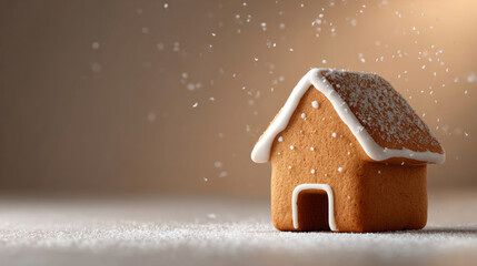 Fototapeta premium Close-up of a small gingerbread house with white icing and powdered sugar falling, set against a soft brown background with a snowy surface