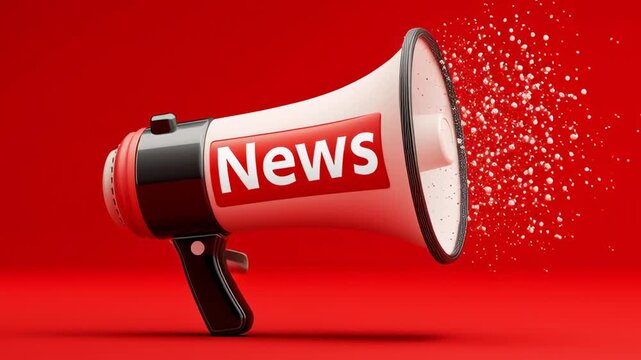 A red and white megaphone with the word news written on it. The megaphone is blowing out a cloud of dust, giving the impression of a news broadcast