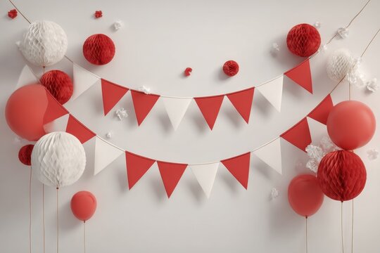 Colorful triangle flag bunting hangs against light blue background ready for party or celebration, in a studio setting