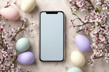 Horizontal smartphone mockup with blank screen surrounded by pastel Easter eggs and blossoms