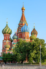 View of Saint Basil Cathedral in Moscow, showcasing its colorful onion domes and intricate details. A masterpiece of Russian architecture and a UNESCO World Heritage site