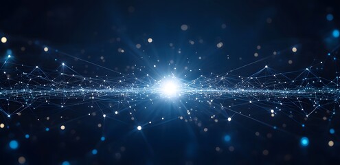 Abstract digital network visualization with glowing particles and light streaks creating a futuristic technological concept backdrop