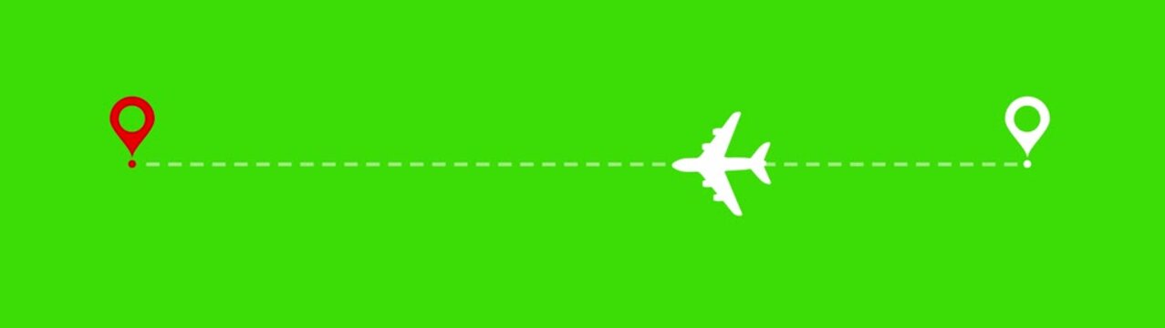 Airplane Route Dotted Line. animated of air plane flight route with the point of location line. on a green background
