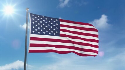 American Flag Waving in the Sunlit Sky with Lens Flare usa flag stars and stripes - Powered by Adobe