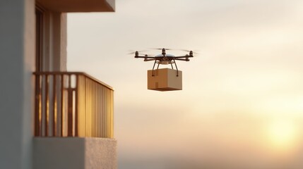 Drone delivery in urban setting at sunset captures future of contactless transportation