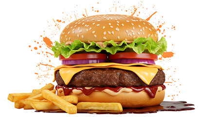 Delicious Cheeseburger with French Fries and Vibrant Splash on Black Background
