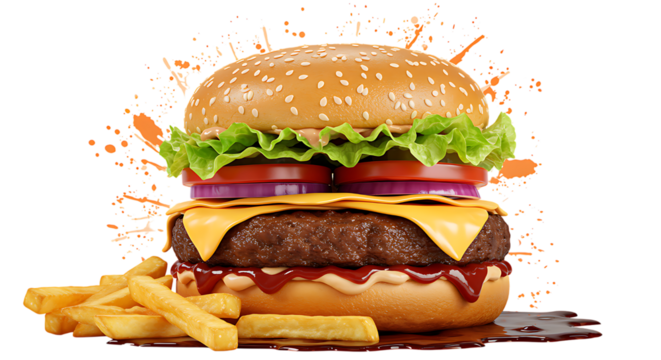 Delicious Cheeseburger with French Fries and Vibrant Splash on Black Background