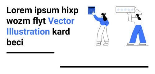 Product reviews, customer feedback, user evaluation, online ratings, marketing, e-commerce. Two people interacting with rating icons and elements. Product reviews and customer feedback focus