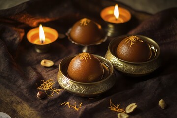 Traditional indian festival sweets with lit diyas on rich fabric background