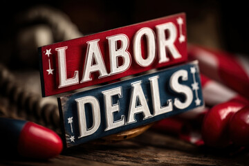 Labor Day sale banner with bold white text on red and blue diagonal background