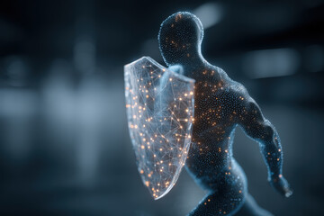 Abstract human silhouette made of points behind translucent blue shield with digital background
