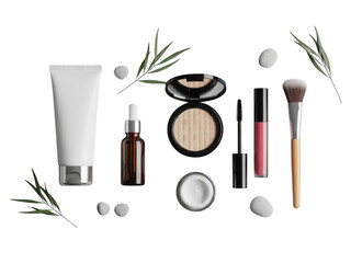 Collection of cosmetic beauty product makeup item set including tube cream, serum bottle, powder compact, mascara, brush, and leaf isolated on transparent background
