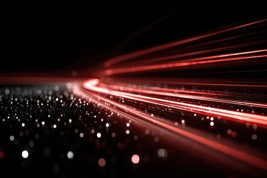 Abstract red and white light streaks move and curve dynamically through space on a gradient white and gray background