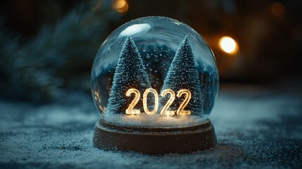 Celebrate a magical 2022 New Year with this enchanting snow globe featuring miniature Christmas trees and sparkling golden numerals