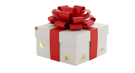 Elegant white gift box with vibrant red ribbon and confetti