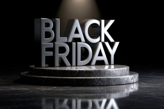 Metallic Black Friday 3D Letters on Marble Pedestal with Spotlight and Reflection