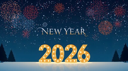Festive New Year 2026 Celebration with Dazzling Fireworks and Illuminated Numbers in a Winter Night Sky