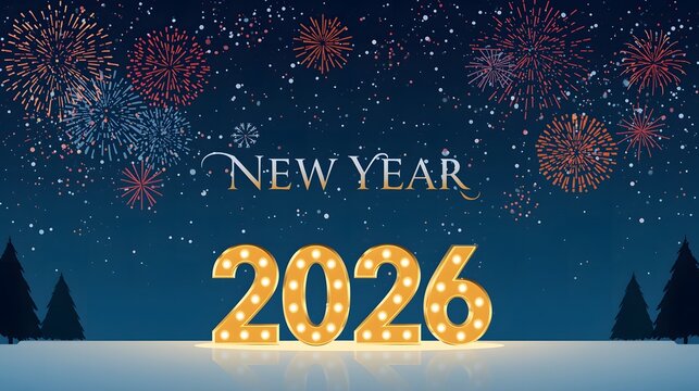 Festive New Year 2026 Celebration with Dazzling Fireworks and Illuminated Numbers in a Winter Night Sky - Powered by Adobe