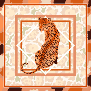 Leopard, jaguar wild big cat scarf illustration with square frame on a animal skin patterned background silk scarf design. Luxury style pattern vector for bandana, foulard, scarves, pillow