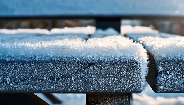 close up snowy bench with frosty details