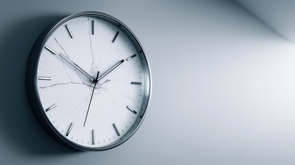 Minimal modern clock with subtle crack illuminated by afternoon light.