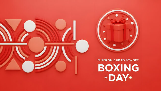 Boxing Day Super Sale Up To 90 Percent Off Abstract 3D Render Illustration Red Geometric Shapes Gift Box Promotion Advertising Banner - Powered by Adobe