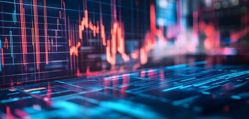 Abstract digital visualization of stock market trading data with glowing neon lines and grid patterns creating a futuristic financial technology concept