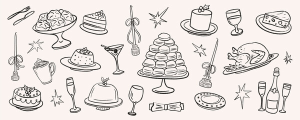 Cozy scene Christmas dinner party, food and wine are drawn as line sketch icon. Festive doodle of holiday dessert table with cakes, pastries, macaron tower, roast turkey, sparkling drinks and candles.