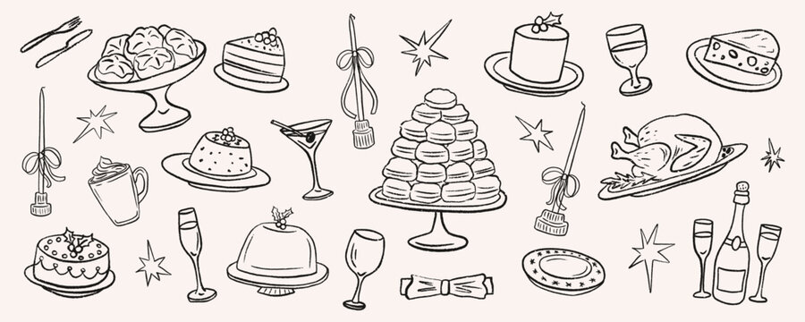 Cozy scene Christmas dinner party, food and wine are drawn as line sketch icon. Festive doodle of holiday dessert table with cakes, pastries, macaron tower, roast turkey, sparkling drinks and candles.