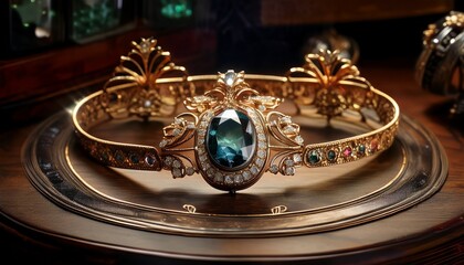 antique jewelry showcase featuring ornate gemstone designs