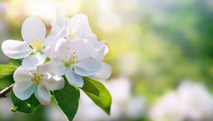 Obraz premium delicate white apple blossom with green leaves against blurred background close up of spring fruit tree flower with soft bokeh creating fresh natural composition with copy space