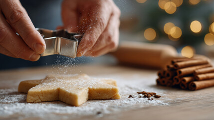 Close-up of hands sprinkling flour over star-shaped cookie dough with cinnamon sticks and rolling pin in background