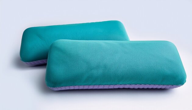 two light teal turquoise rectangular objects with a muted lavender periwinkle insert appear to be small padded or cushioned items possibly for exercise or organization