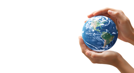 Hands holding the Earth planet globe against a black background