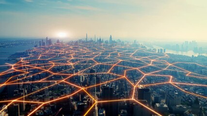 Aerial View of a Sprawling Metropolitan Cityscape at Sunset, Intricately Overlaid with a Glowing Orange Digital Network Grid, Symbolizing Global Communication and Smart City Technology - Powered by Adobe