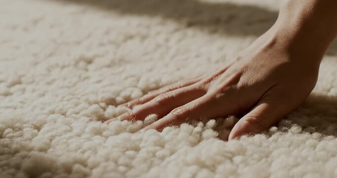 Hand touching soft cream wool carpet texture close up view.