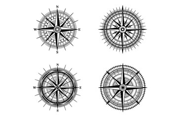 Obraz premium Vintage wind rose compass set nautical travel and exploration symbols hand drawn in engraving sketch style