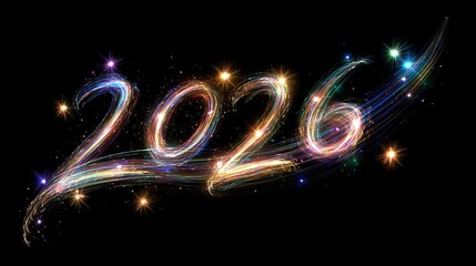 Sparkling 2026 New Year's Eve background with vibrant light trails and festive stars for a dazzling celebration design element or holiday greeting