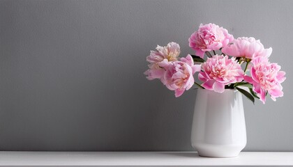 Naklejka premium pink flowers in white vase on gray wall
