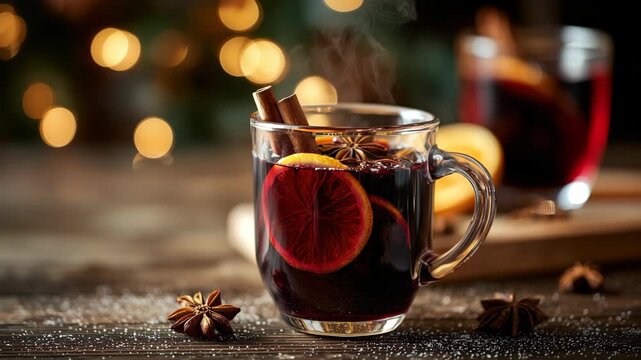 Close-up of steaming mulled wine in a clear glass mug with cinnamon sticks, star anise and orange slices arranged on a rustic wooden table, blurred Christmas lights bokeh in the background 