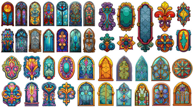 Colorful stained glass window illustrations with ornate shapes floral motifs and glowing light effects. Perfect for church design fantasy themes decorative art and spiritual inspired projects.