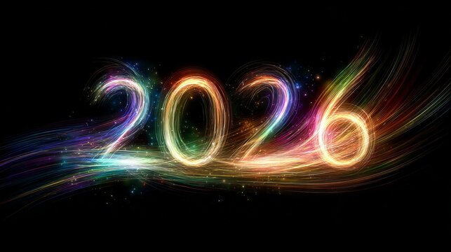 Celebrate the New Year 2026 with vibrant light trails against a dark background for a stunning and modern festive season design - Powered by Adobe