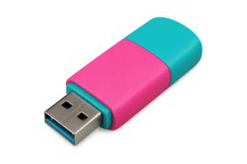 Usb flash drive providing portable data storage. Pink and blue memory stick gadget for digital file transfer on transparent background