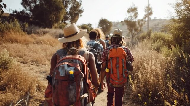 A group of people are walking through a forest, with one person wearing a straw hat. They are all carrying backpacks and one person has a yellow object in their backpack