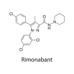 Rimonabant molecular structure, cannabinoid CB1 receptor antagonist drug, clean scientific vector diagram, skeletal chemical formula