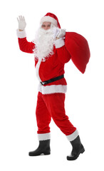 Santa Claus with bag waving on white background. Merry Christmas and Happy New Year