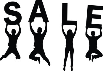 Vector Silhouettes of Young People Jumping and Holding Giant Letters Spelling 